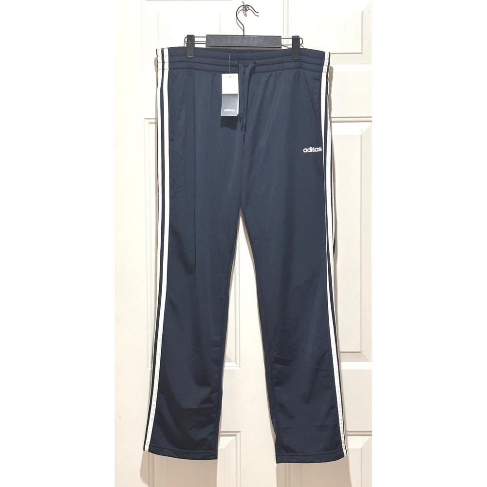 NWT Adidas Womens L 3 Stripe Track Pants Navy Blue Tricot Straight Leg DU0695